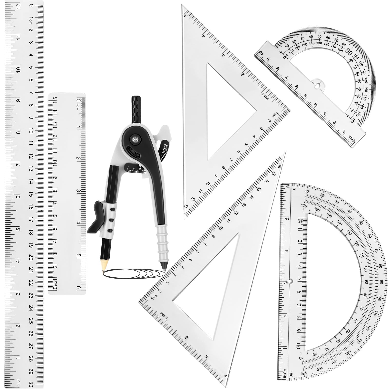 Zonon 1 Set Plastic Geometry Math Set 7 Pcs Includes 6'' / 4 '' Protractor, Drawing Compass, 45/60 Degree Triangle Rulers, 12'' / 6'' Math Ruler