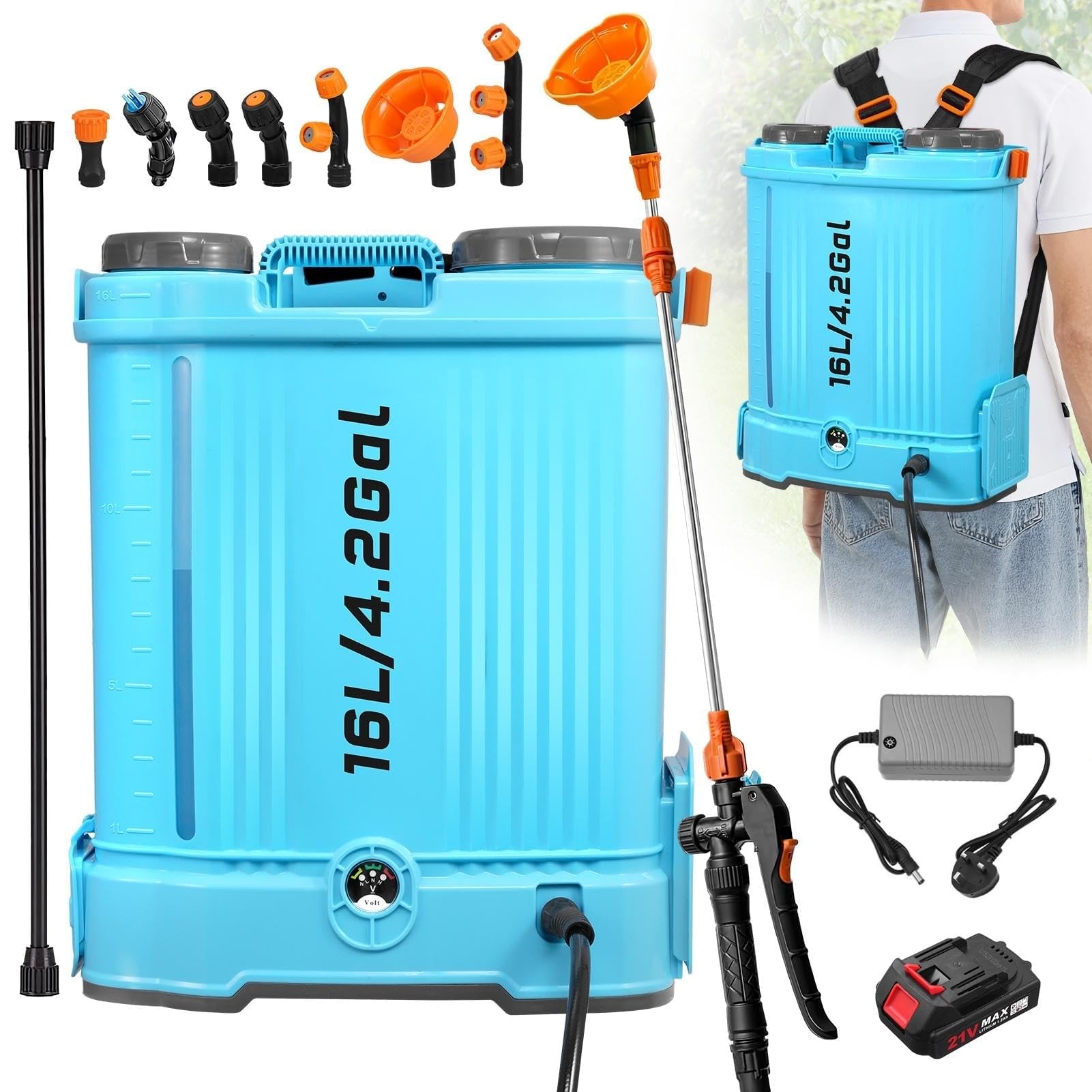 Yelyee 16L Electric Battery Powered Pressure Sprayer with 21V 2000mAh Adjustable 0-100 PSI 7 bar | Compatible with 18V 6 Nozzles 16 Litre for Garden Weed Sprayers Water