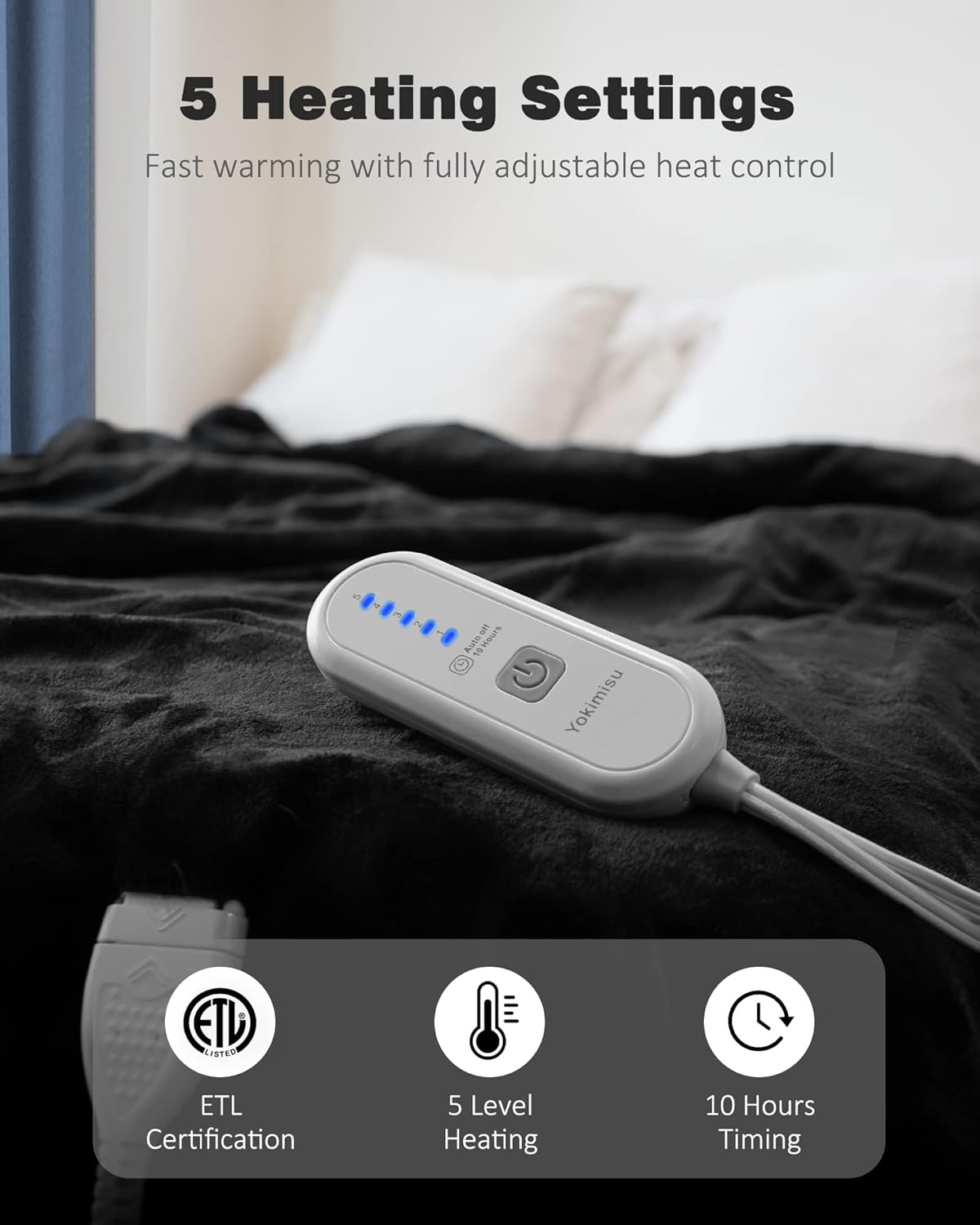 review Yokimisu Heated Electric Blanket Dual Control Queen Size 84'' x 90'' Flannel, 5 Heat Settings, 10 Hours Auto Off Heated Throw Blanket, ETL and FCC Certification Fast Heating, Machine Washable, Black