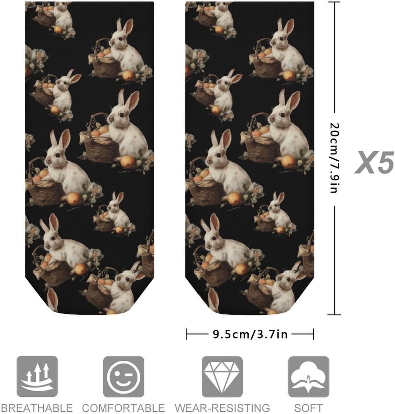 Vintage Bunny with Basket No Show Ankle Socks Low Cut Non Slip Flat Boat Line 5 Pairs Set