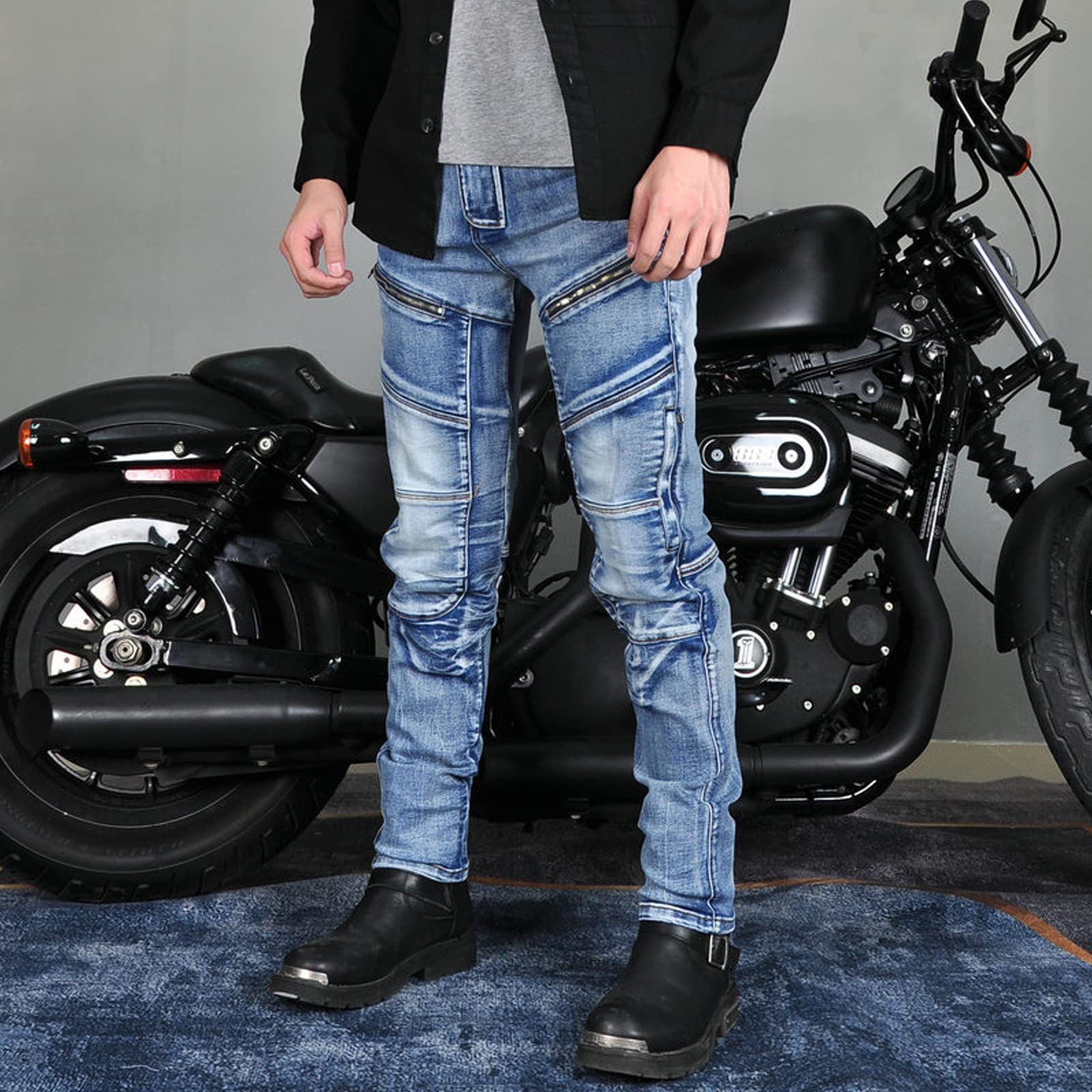 Męskie spodnie motocyklowe, jeansy, rozciągliwe, styl vintage, tekstylne, z ochraniaczami, niebieski, XXL