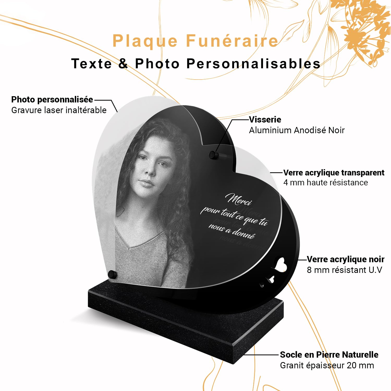 ETERNEL - Plaque Funéraire Personnalisée Dentelle Pêche Photo et Texte Personnalisable, Plaque Funéraire Gravée au Laser pour Hommage, Plaque Mortuaire, Cimetière, Cérémonie, Sépulture