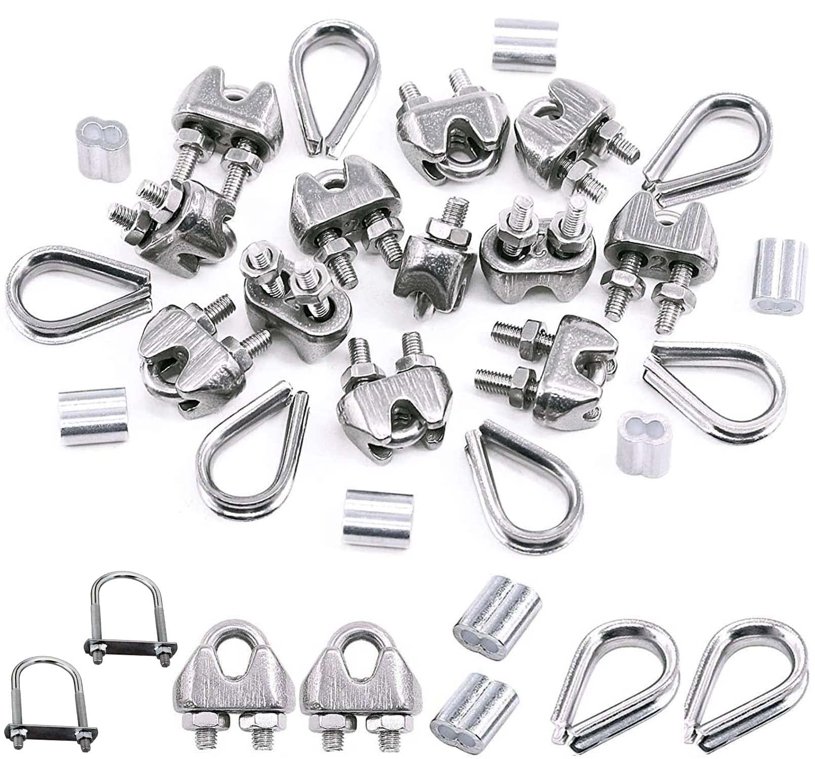DIY Crafts 8X 1xKit, Galvnized Wire Rope Set 8X M2 (1/16") M2 Wire Rope Cable Clip Clamp, M2 Stainless Steel Thimble, 2mm Aluminum Crimping Loop Sleeve Perfect for 1/8" Wire Rope Cable (8X 1xKit)-picture-17