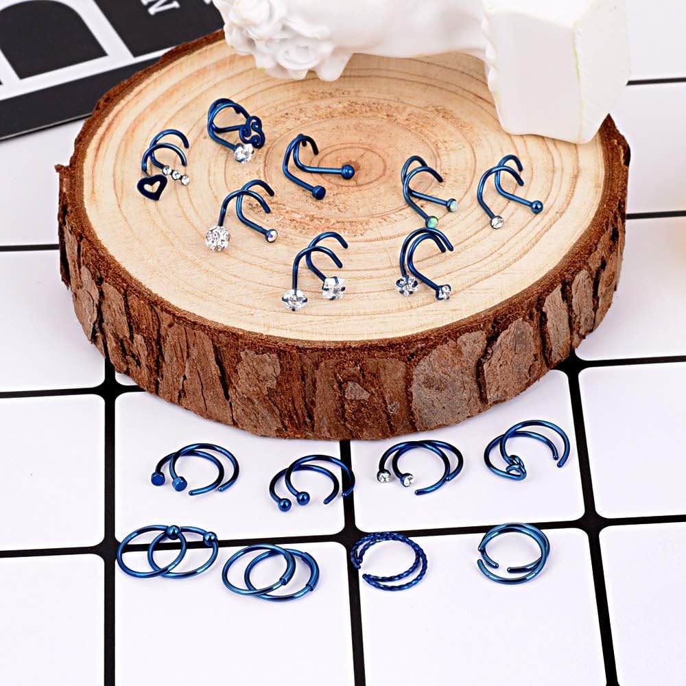 Stuppendux 32Pcs 20G Unisex L-Shaped C-Shaped Nostril Screw Nose Tongue Lip Ear Rings Hoop Studs Seamless Hinged Rings Ball Closure Rings Mixed Set