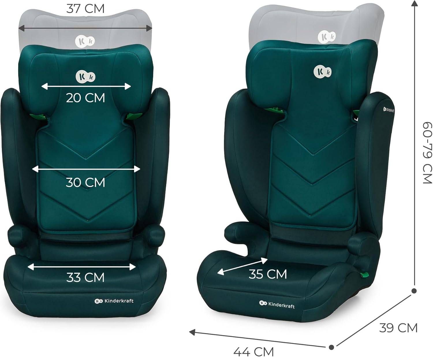 Diagram showing dimensions of Kinderkraft I-SPARK i-Size Car Seat