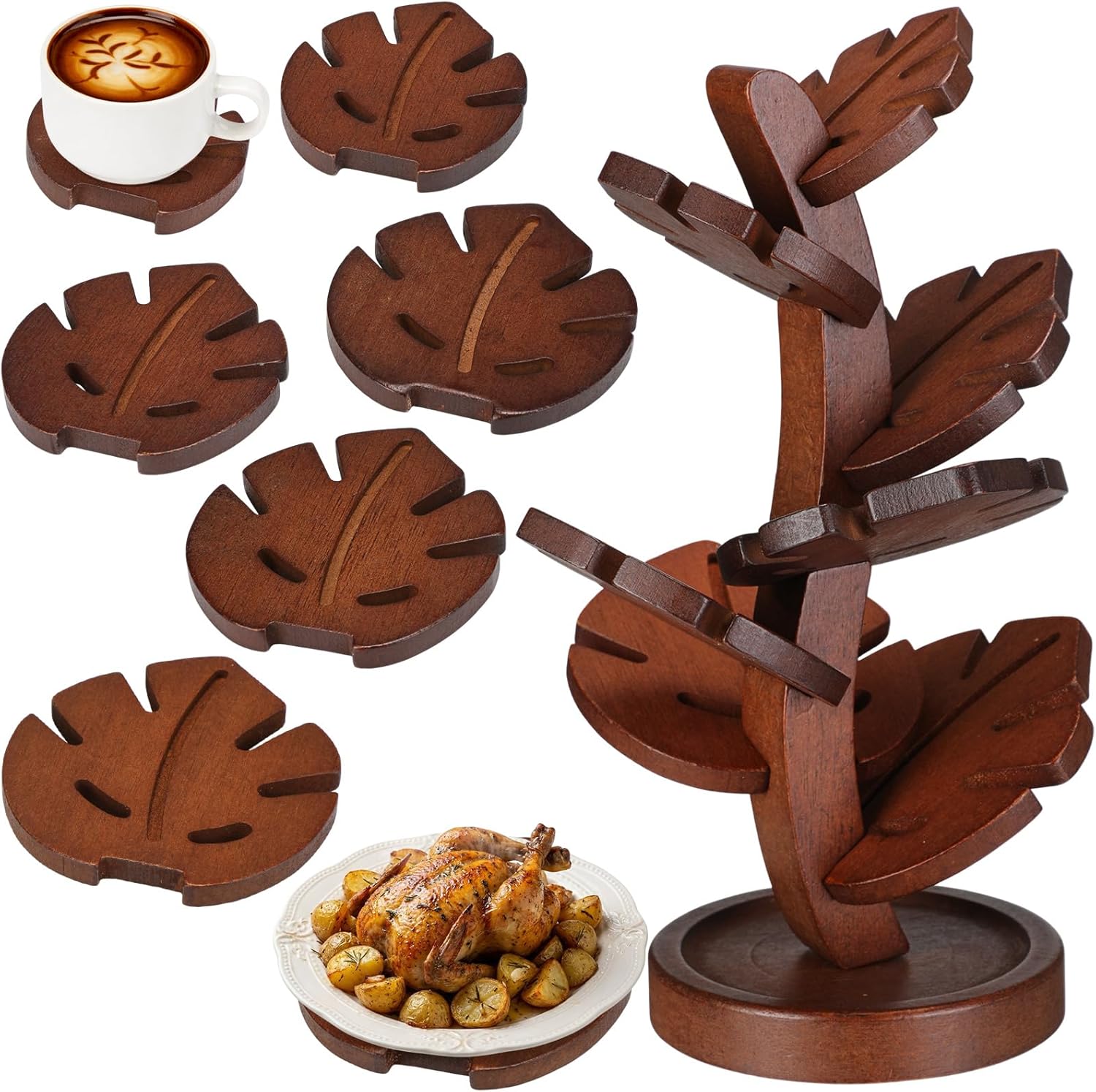 Zhehao 7 Pcs Bamboo Wooden Tree Trivets with Storage Stand, Tea Brown Tree Shape Coaster Trivet Set for Hot Dishes Pot Bowl Teapot Heat Resistant Mat Set for Countertop Kitchen Dining Table