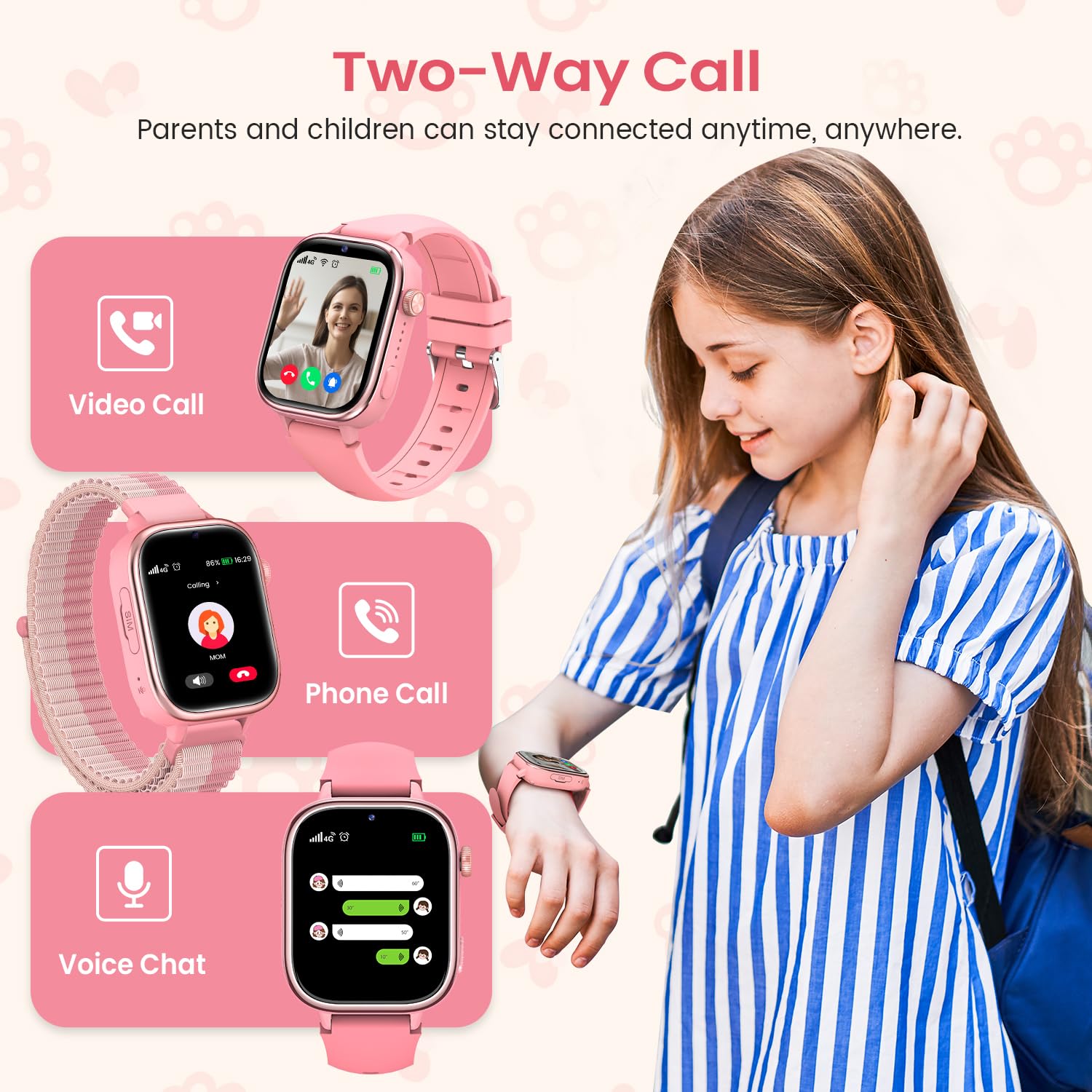 RUXINGX 4G Smartwatch Bambini, IP68 Impermeabile Smartwatch con GPS, SOS, Telefono, HD Videochiamata, Chat Vocale, modalità Lezione, Sveglia, Sonno, Orologio Bambini per Ragazze e Ragazzi, Rosa