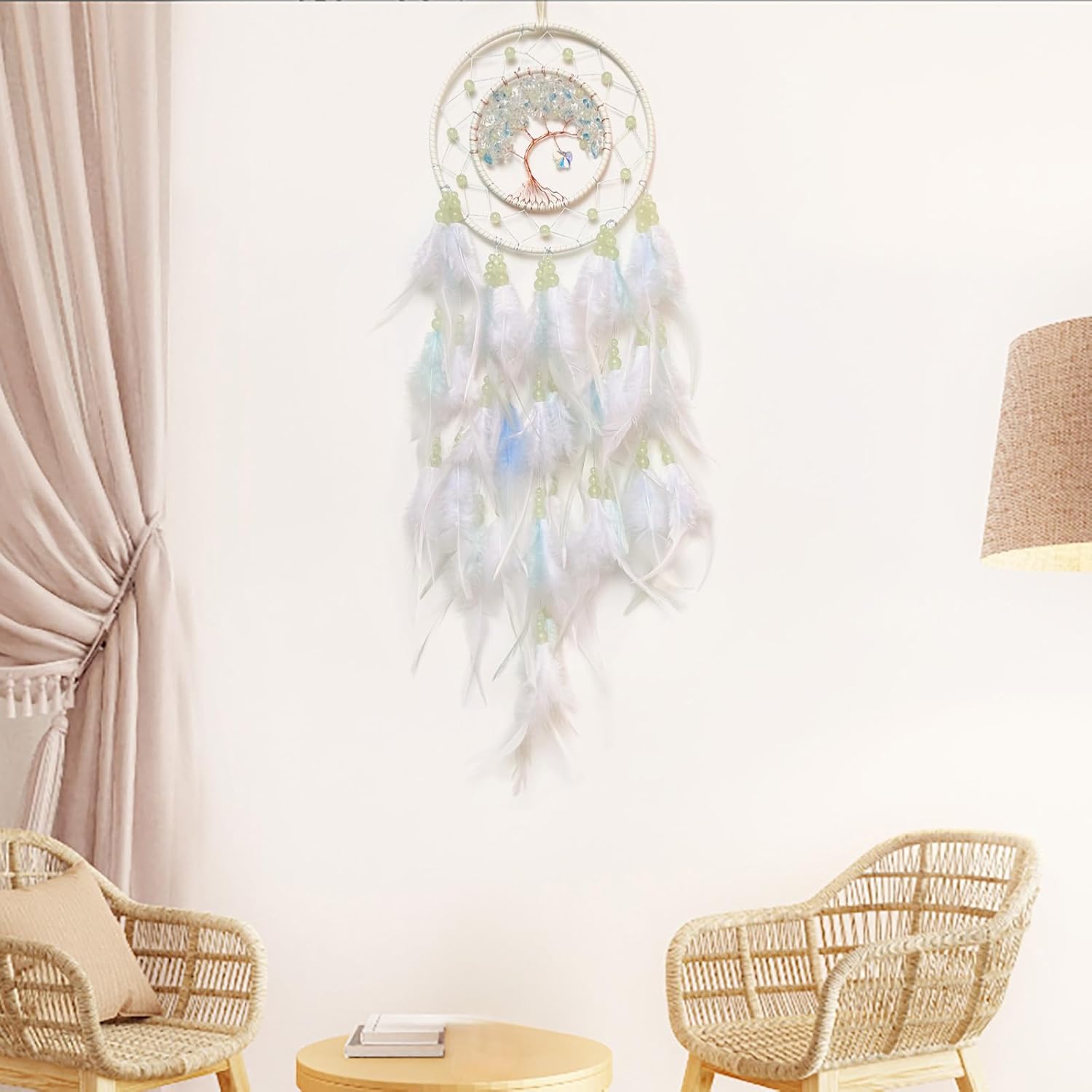 White Tree of Life Dream Catcher with Luminous Bead | Handmade, Wall Decor, Wall Hanging Ornament, Bedroom Living Room Home Decor