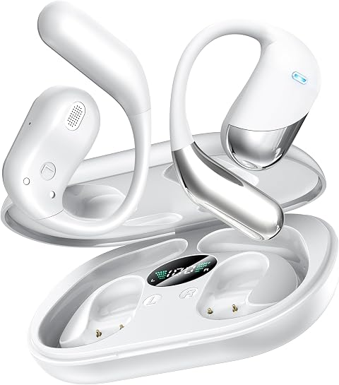 Paekole Offene Ohr Kabellose Ohrhörer, Sport Bluetooth Kopfhörer mit Echtzeitübersetzung, 80 Stunden Akkulaufzeit mit LED-Akkuanzeige, Geräuschunterdrückung,Klare Sprachübersetzung mit Ladecase für