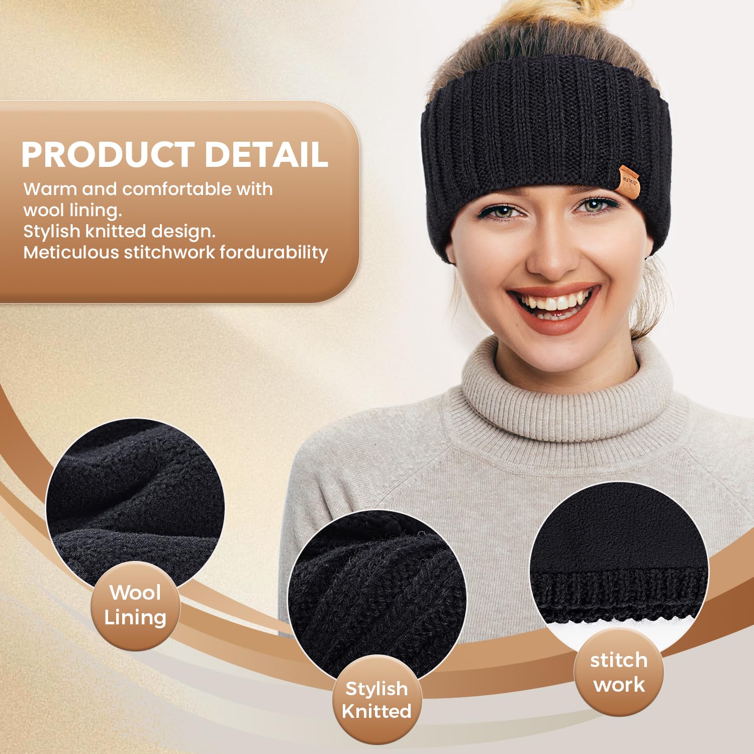 Winter Headbands for Women 3 Pack, Ear Warmers for Women Headband Wool Knit Thick Fleece Lined, Cold Weather Warm Ear Muffs(Black&Beige&Dark Gray) - Image 3