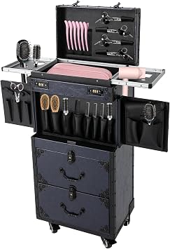 Rolling Lockable Makeup Train Case Stylist Beauty Hair Salon Trolley Suitcase Travel Organizer Tool Box with Hair Dryer Holder Professional Cosmetic Hairdressing Luggage with Wheels Blue
