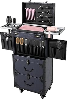 Rolling Lockable Makeup Train Case, Hairdressing Travel Case with Wheels, Cosmetology Case on Wheels,Hair Stylist Travel Case with Hairdryer Holder, Hairdressing Trolley for Barber (Style C)