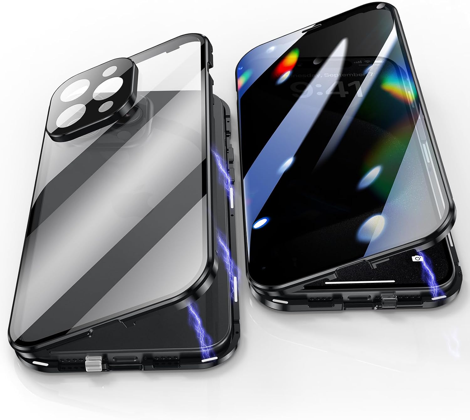 Anti-Spia Custodia Per IPhone 14 Pro Max: Cover Magnetica Con Bumper Metallico E Vetro Privacy, Viola - 3