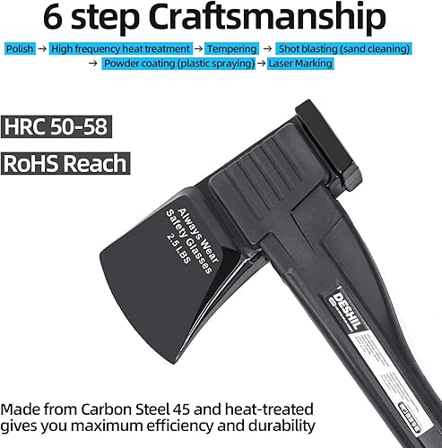 Miniatura 9 de Hacha de corte, hacha de camping al aire libre de 15 pulgadas para división de madera y leña, herramienta de mano tratada térmicamente de acero al