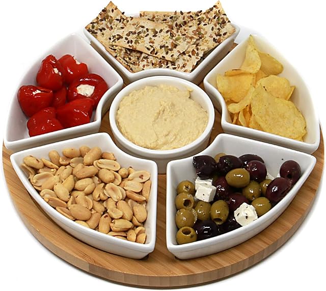 Bamboo Rotating Dip Set | Lazy Susan with 6 Ceramic Dishes | Serving Platters | Snack Dishes with Turntable | Dips, Snacks & Appetisers | M&W