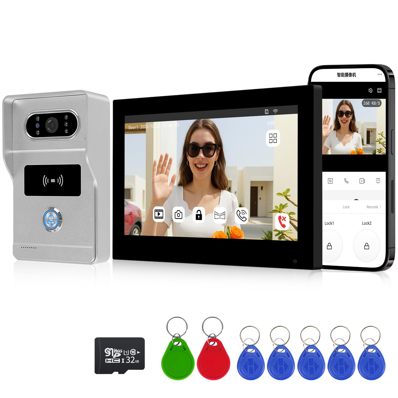"FTes RFKits 2 Fili AHD1080P Videocitofono Intelligente,Tuya WiFi IPS 7‘’ Videocitofono Porta, Sblocco RFID,Impermeabile IP65, Visione Notturna"
