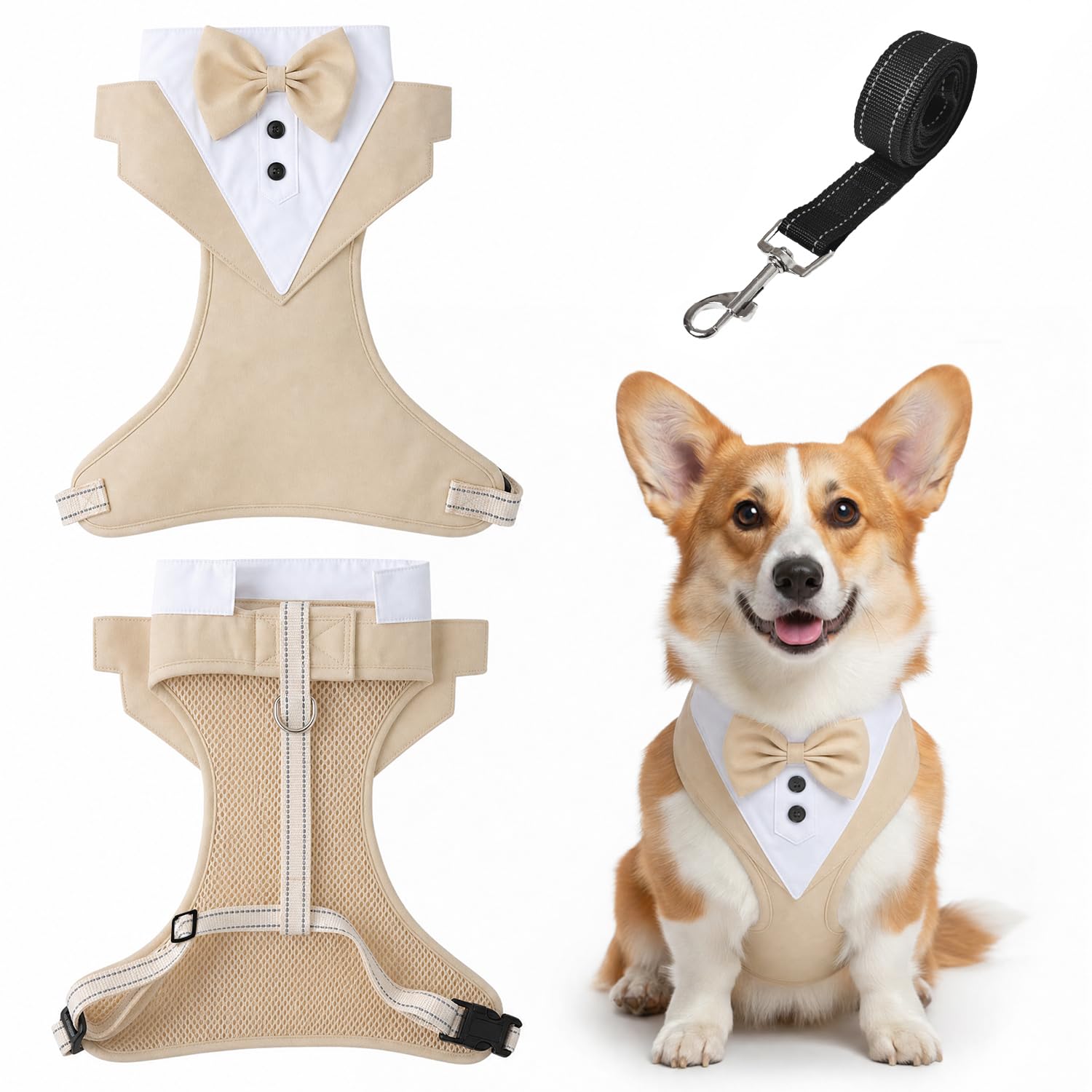 Tuxedo Style Dog Harness with Bow Tie - Wedding Outfit, Secure Step-in No Pull Padded Adjustable for Small Medium Dogs, Puppies, Cats, French Bulldogs(Apricot L)