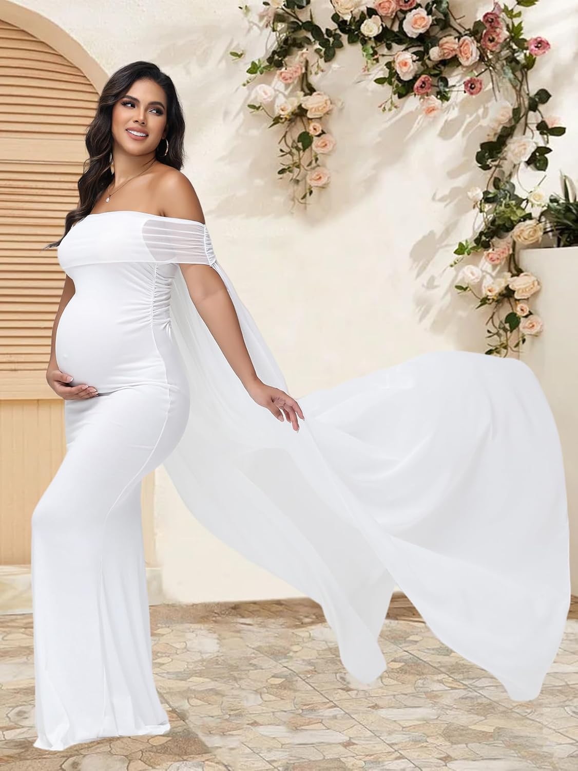 JustVH Women's Maternity Mesh Off Shoulder Chiffon Maxi Photoshoot Dress for Baby Shower Cloak Outfit Maxi Photography Gown