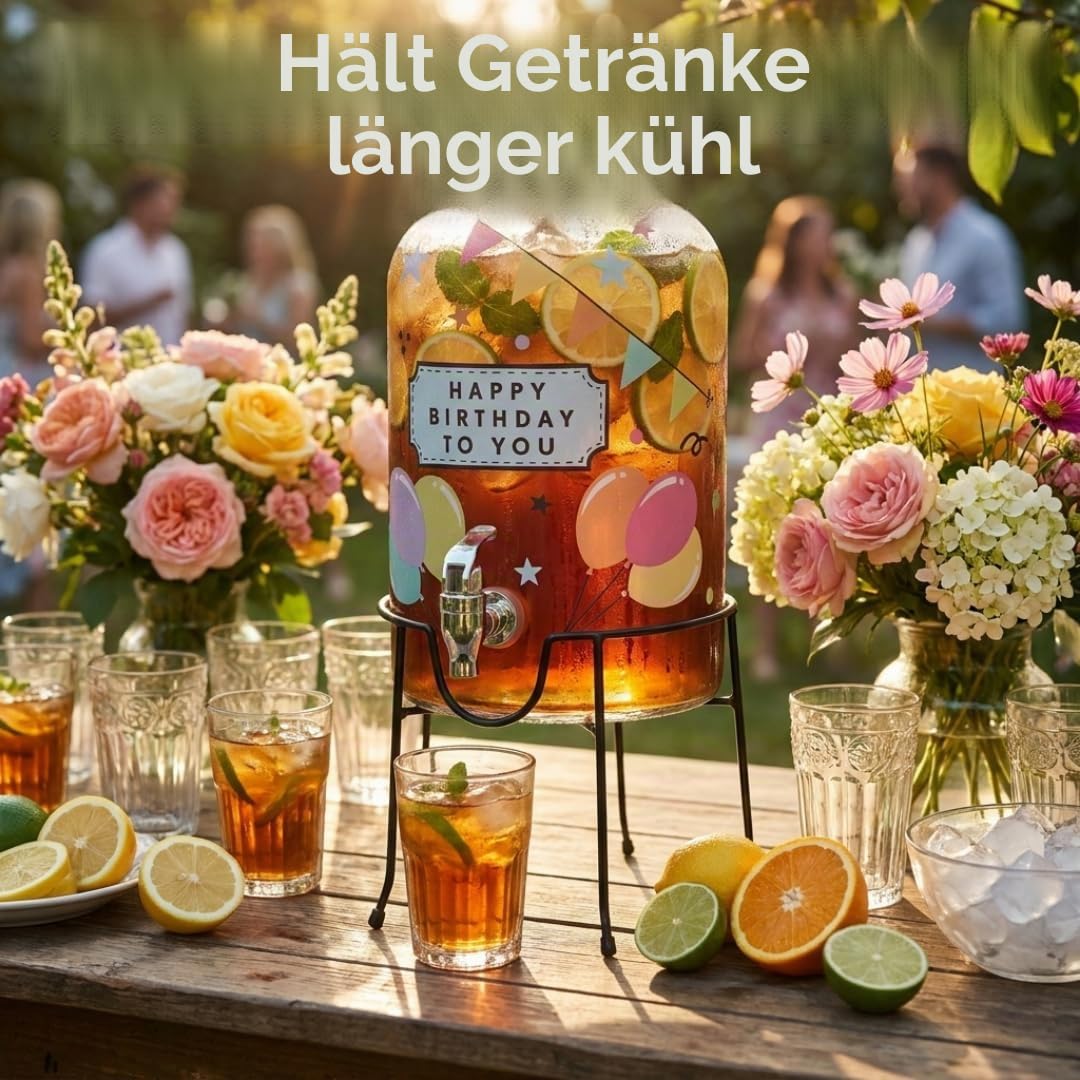 Getränkespender aus Glas mit Wasserhahn und Ständer, 5,5 l Fassungsvermögen, Wasserspender, 6 wiederverwendbare Aufkleberpackungen enthalten, sicherer Schraubdeckel/Wasser, Saft