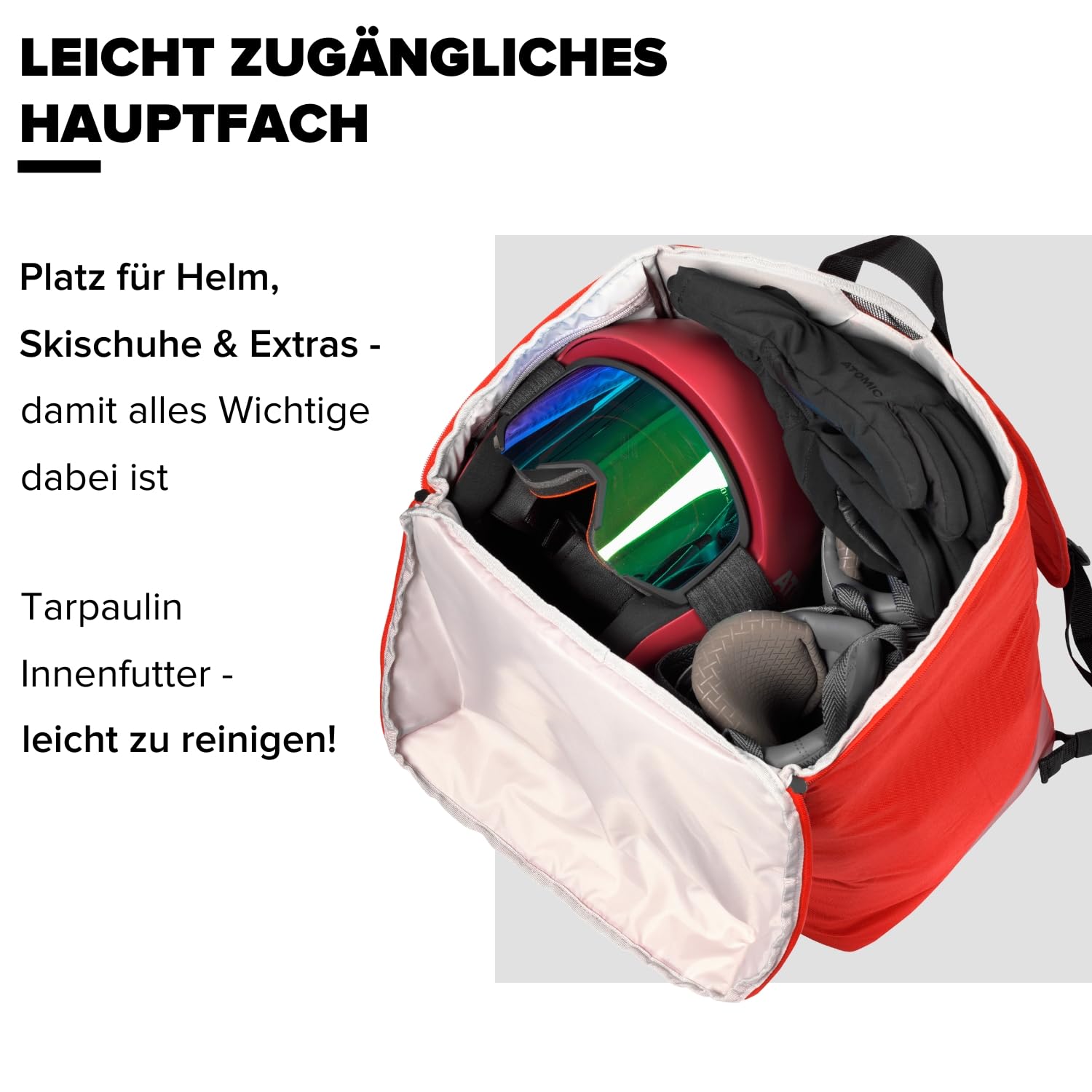 ATOMIC Boot & Helmet Pack I Hochwertige Skischuhtasche mit Helmfach I Wasserabweisender Skischuh-Rucksack aus 600D Polyestergewebe I Kompakte Skitasche mit gepolstertem Rückenpanel