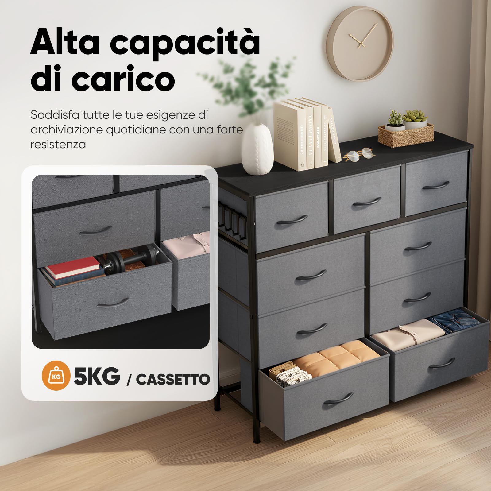HOKEEPER Cassettiera in Tessuto con 9 Cassetti, Mobile Salvaspazio per Casa, Cassettiera Stretta e Alta con Capacità Grande per Camera da Letto, Sala, Corridoio - Grigio