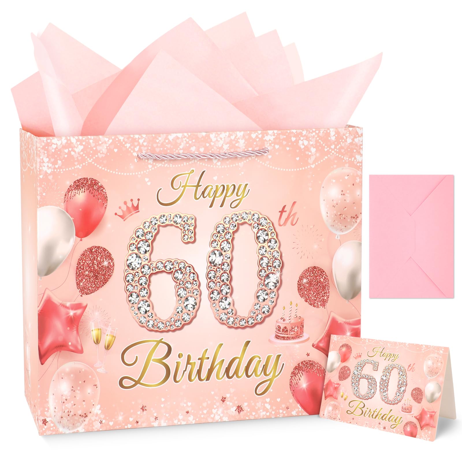Konsait 60th Birthday Gift Bag Set for Women, 13" Pink & Gold Diamond 60 Happy Birthday Bag with Tissue Paper & Greeting Card for Present Packaging, Parties and More