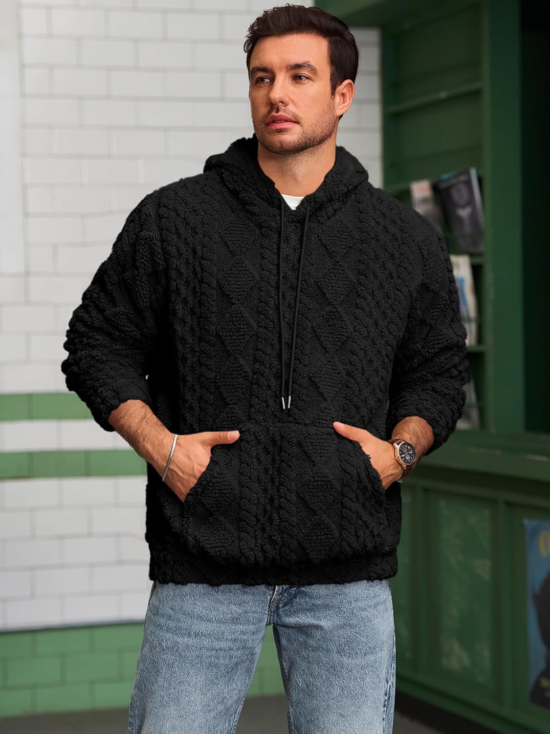 Runcati Mens Fuzzy Sherpa Hoodie Pullover Sweatshirts Long Sleeve Front Pocket Fall Winter Hooded Textured Outwear - Image 4