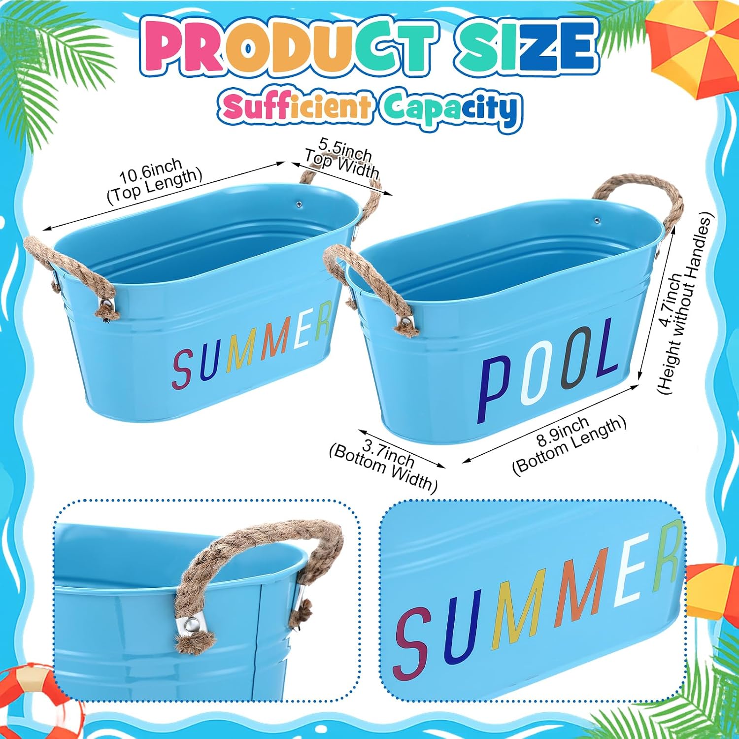 LemonRoad 2 Pack Poolside Sunscreen Holder Organizer Summer Pool Baskets Blue Metal Storage Bucket Above Ground Pool for Summer Party Swimming Camping Beach Indoor Outdoor Sunblock Sunglasses(Handle)