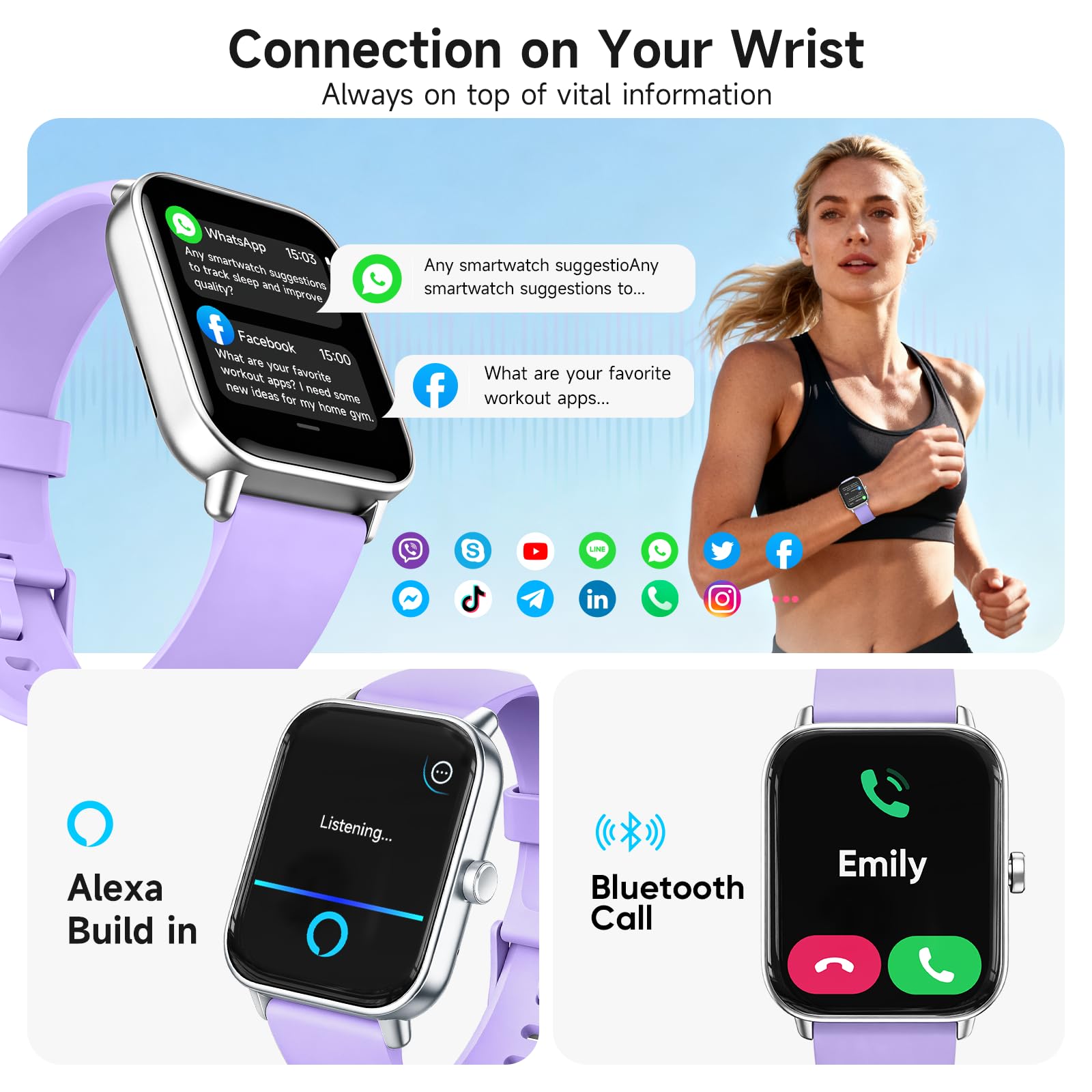 Montre Connectée Homme Femme avec Appel Bluetooth 1.8" Smartwatch Assistant Intégré Sommeil Sport avec 110+ Modes Sportifs Tracker d'Activité Etanche IP68 Montre Intelligente pour Android iOS (Violet)