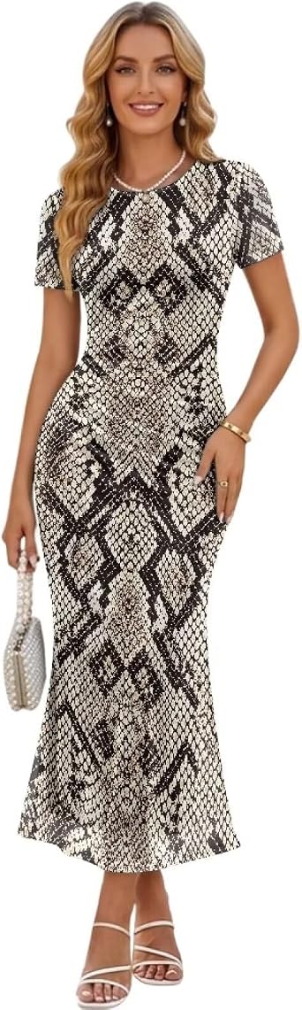 Womens Short Sleeve Bodycon Maxi Dress Summer Ruched Mesh Wedding Guest Night Out Cocktail Party Dresses XS-3XL