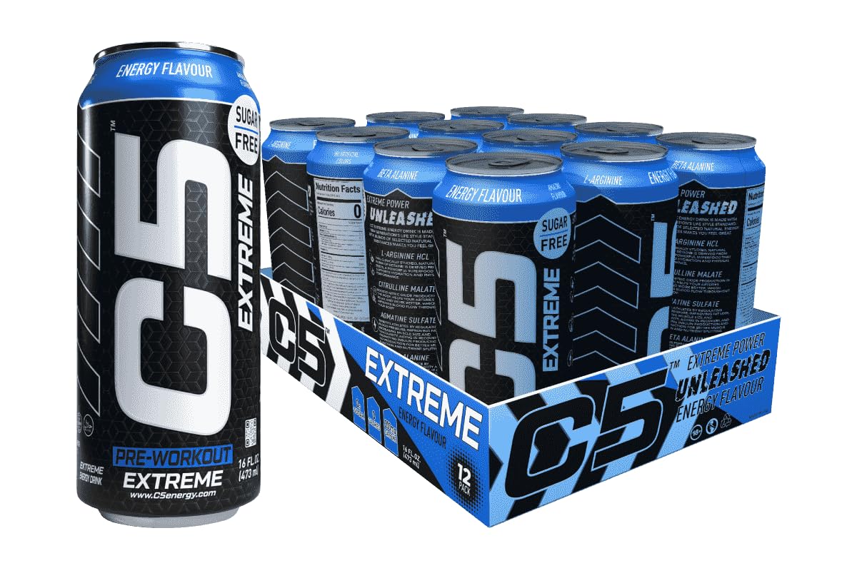 C5Energy Drink - Extreme Flavour Pre-Workout, 200mg Caffeine, Sugar Free, Zero Calories with Beta Alanine, L-Arginine - 16fl.OZ, 473ml - Pack of 12