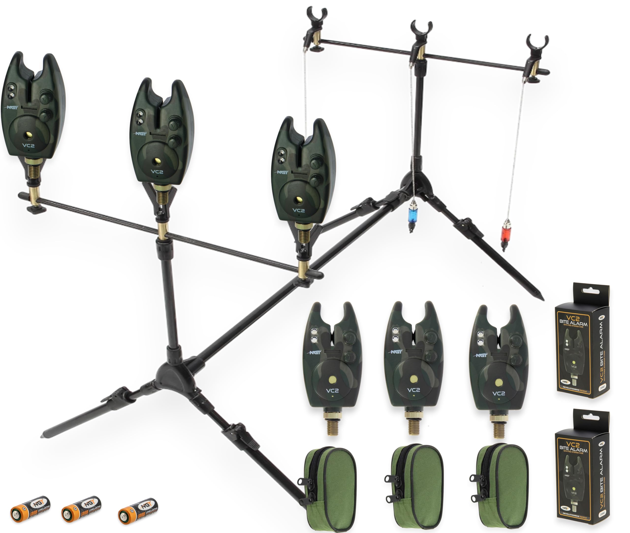 NEW NGT CARP FISHING MULTI ROD POD WITH SWINGERS + 3 VC2 Bite Alarms + Batteries