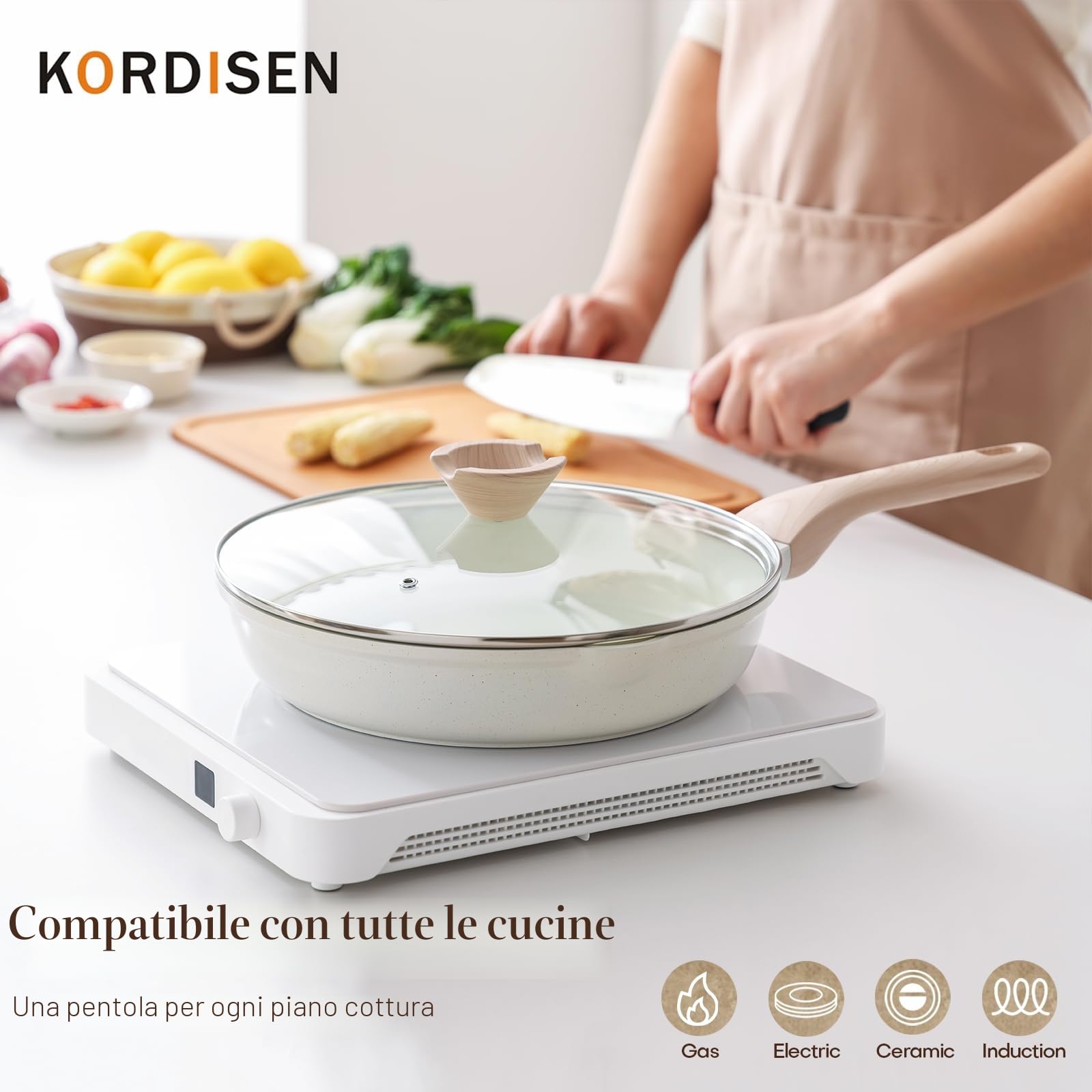 Kordisen Set di Padelle in Ceramica a Induzione 20/24/28 cm, Set di Padelle Antiaderenti con Coperchio, Sane e Atossiche, Senza PFOA e PFAS