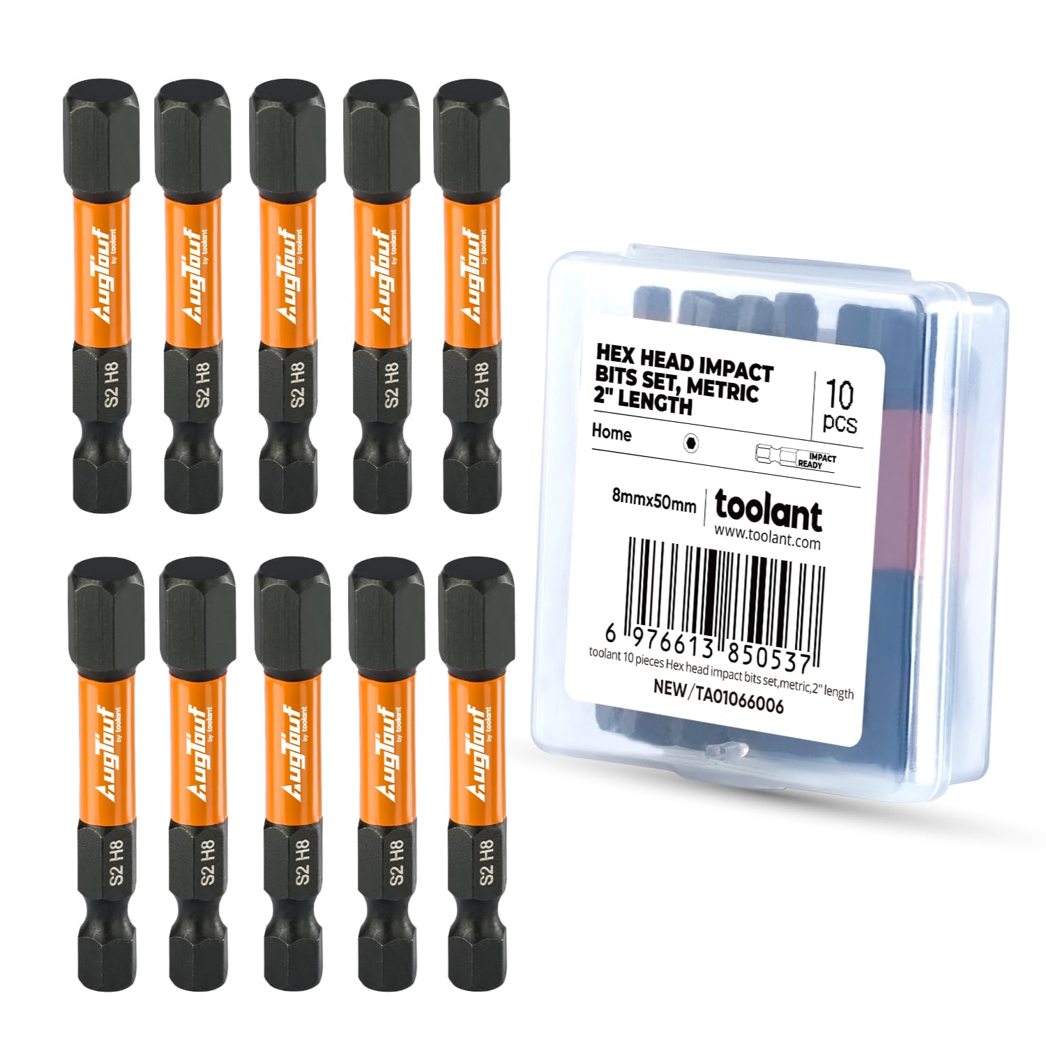 toolant 8mm Impact Hex Bits Set 10pcs, 1/4” Hex-Shank Allen Wrench Drill Bit Set, S2 Steel, CNC Machined Tips with Magnetism, 2” Long with Storage Box