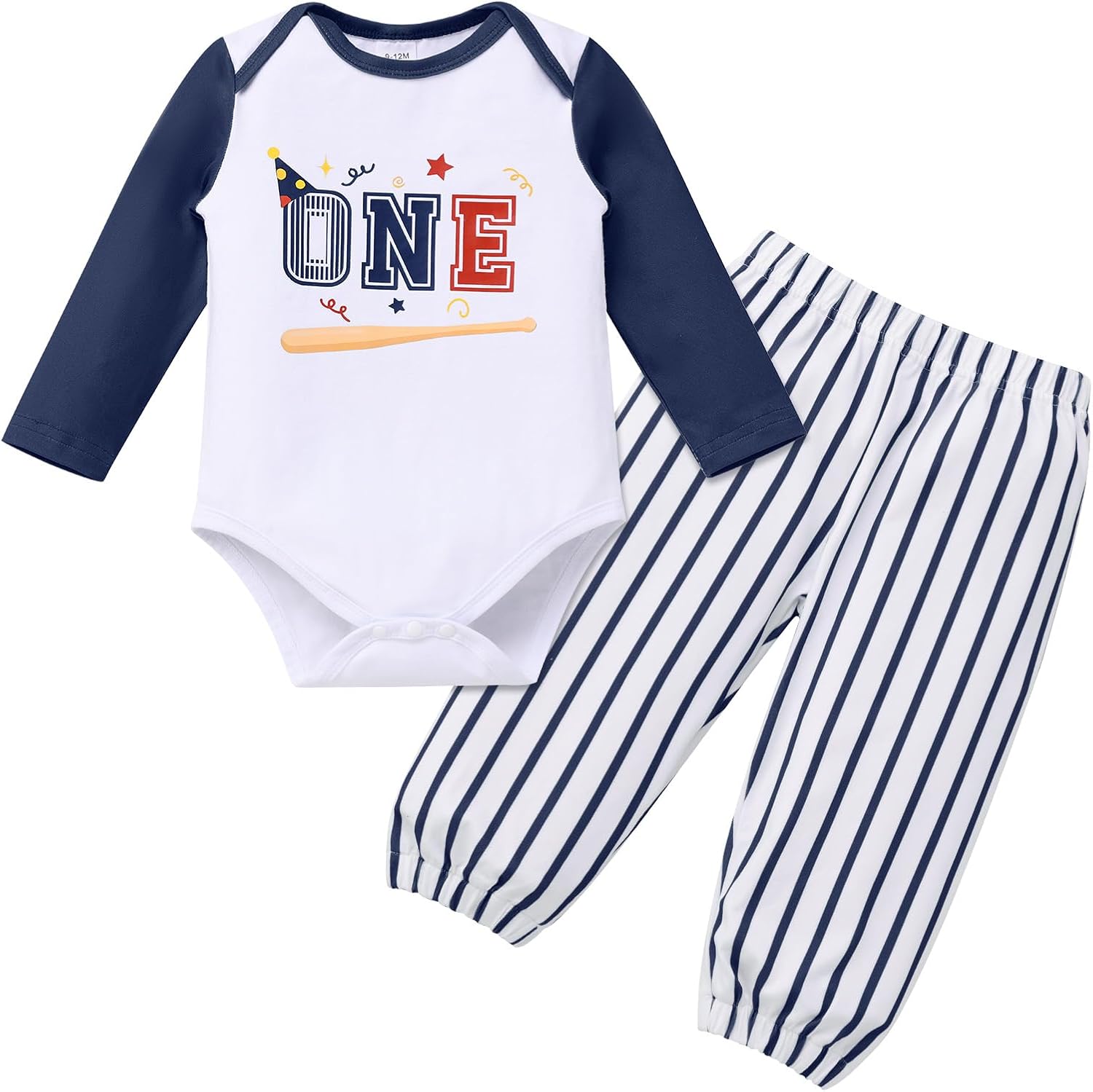 ODOLDI Toddles Baby Boys 1st Birthday Outfits Long Sleeve Romper Onesieand Striped Pants 2 Pieces Outfits