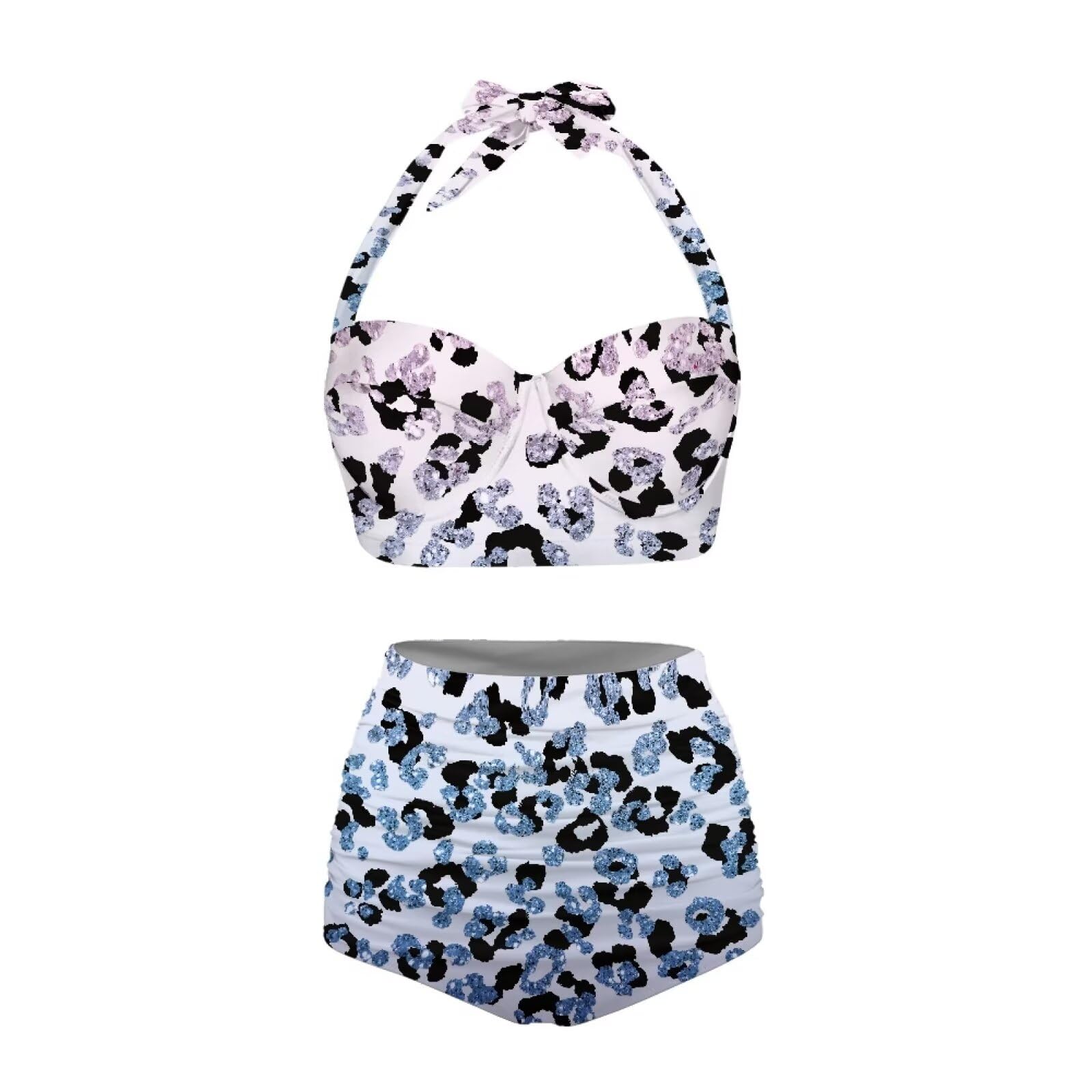 Xoenoiee Costume da bagno da donna a vita alta, 2 pezzi, con scollo all'americana e fondo increspato