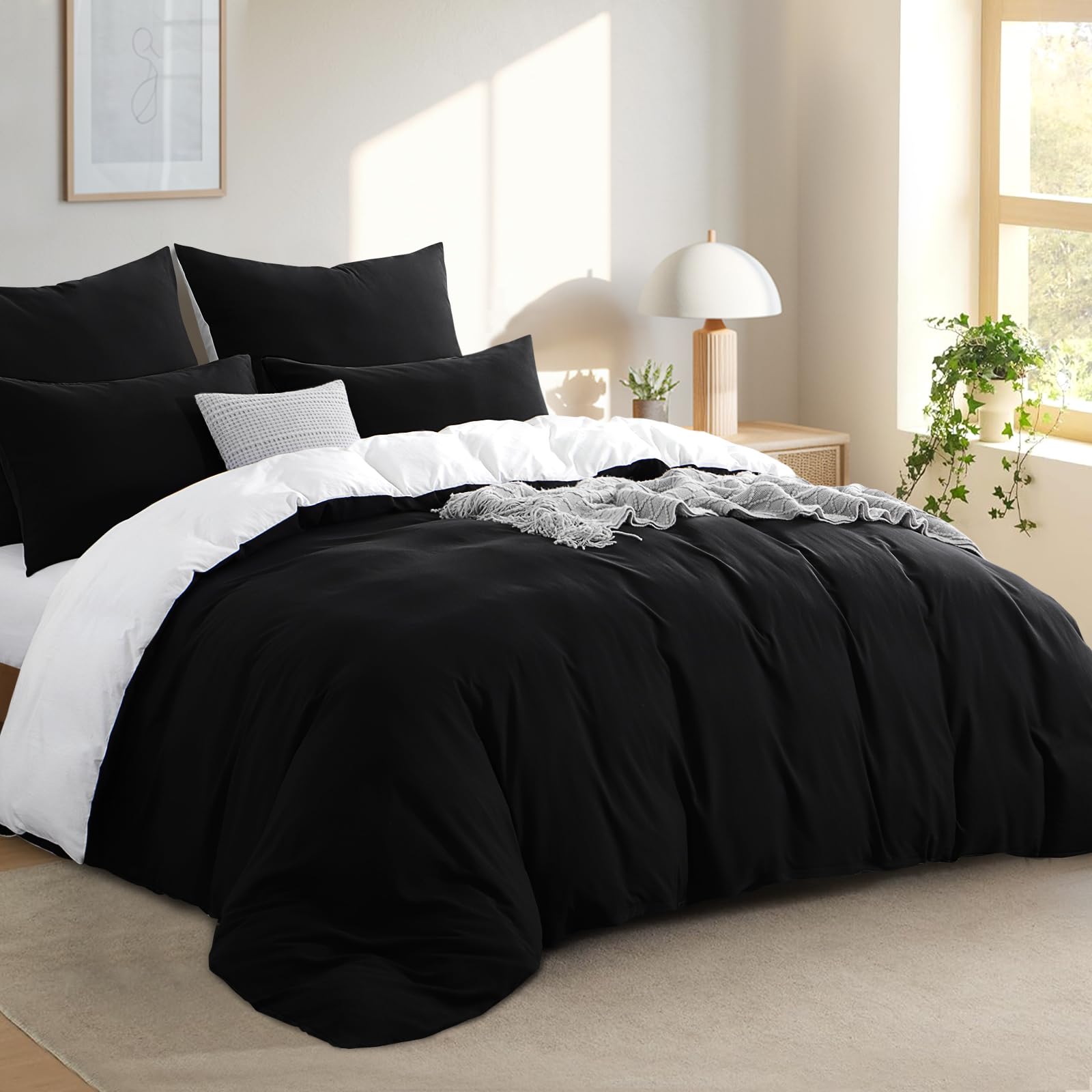 RUIKASI 3-Piece Bed Linen Set 220 x 240 cm, Black/White, Reversible Like Prewashed Cotton, Two Colours, 240 x 220 cm, Microfibre with Pillow Cases OEKO-TEX STANDARD 100