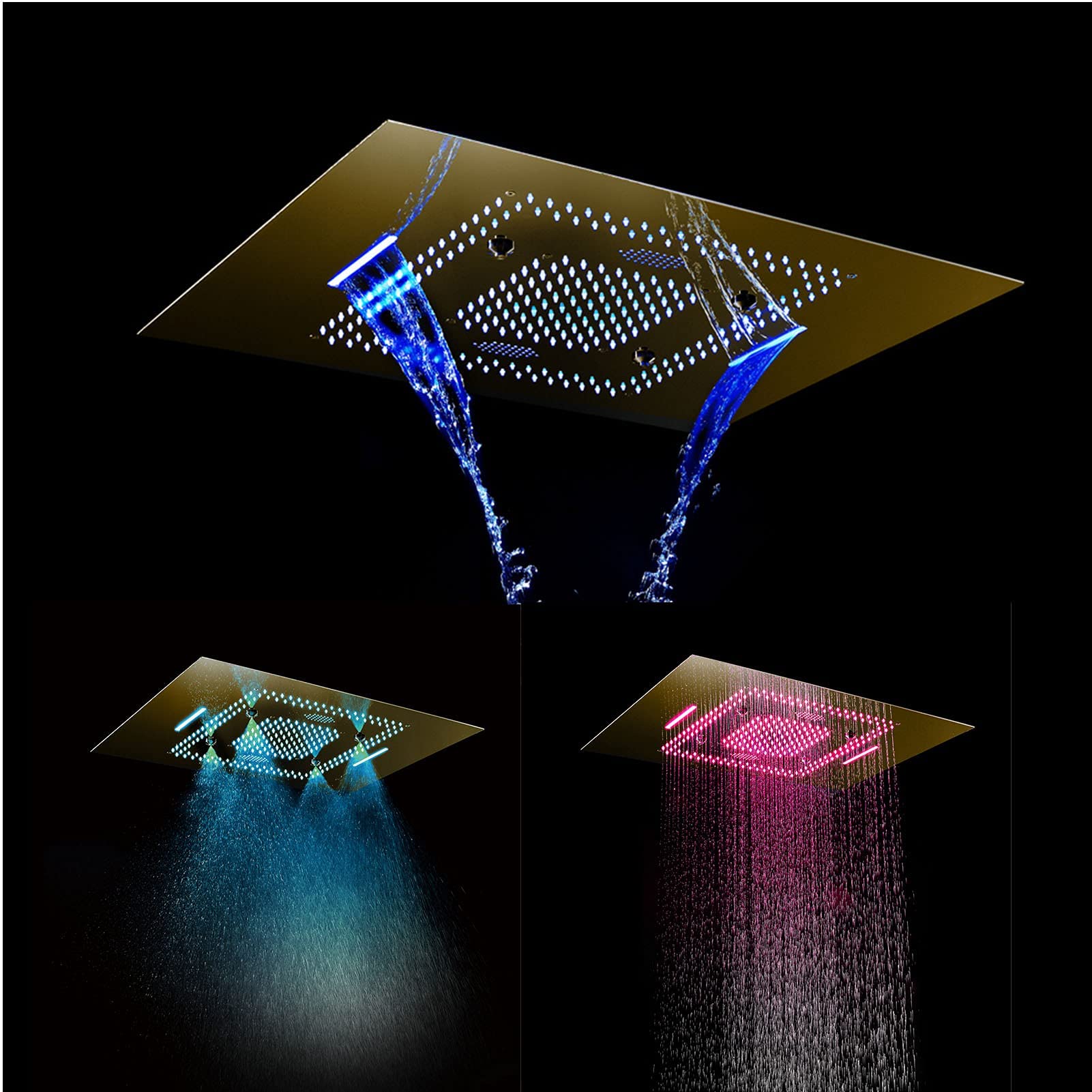 Sistema doccia a pioggia di lusso, soffione doccia a LED da 60 x 80 cm, con altoparlante musicale Bluetooth, set doccia termostatico, telecomando nero (telecomando dorato)