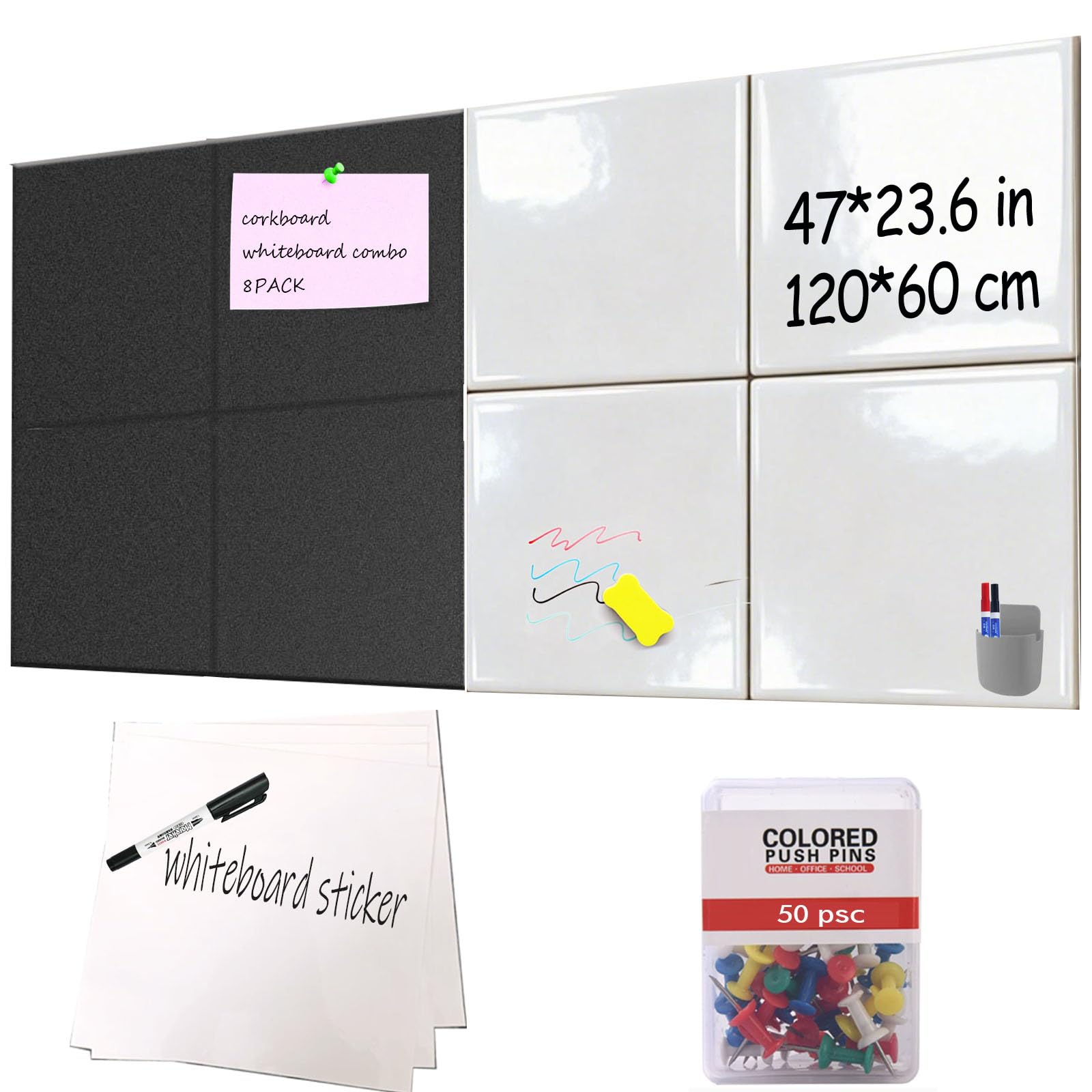 Black Cork SSMISS Modular Bulletin Board & Whiteboard Combo 8 Pack, Black