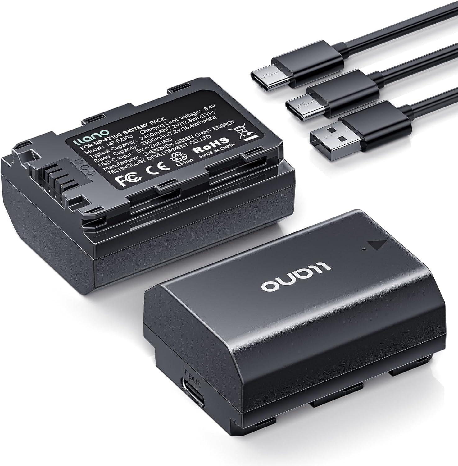 llano NP-FZ100 Z-Series Battery - Real 2400mAh, USB-C Fast Charging, Fully Decoded Rechargeable Batteries for Sony A7III, A7IV, A6700,A7C,A7CII,A7RV,A7RIII,ZV-E1,ZV-E10II,A9, FX3,FX30,FX2(2 Pack)