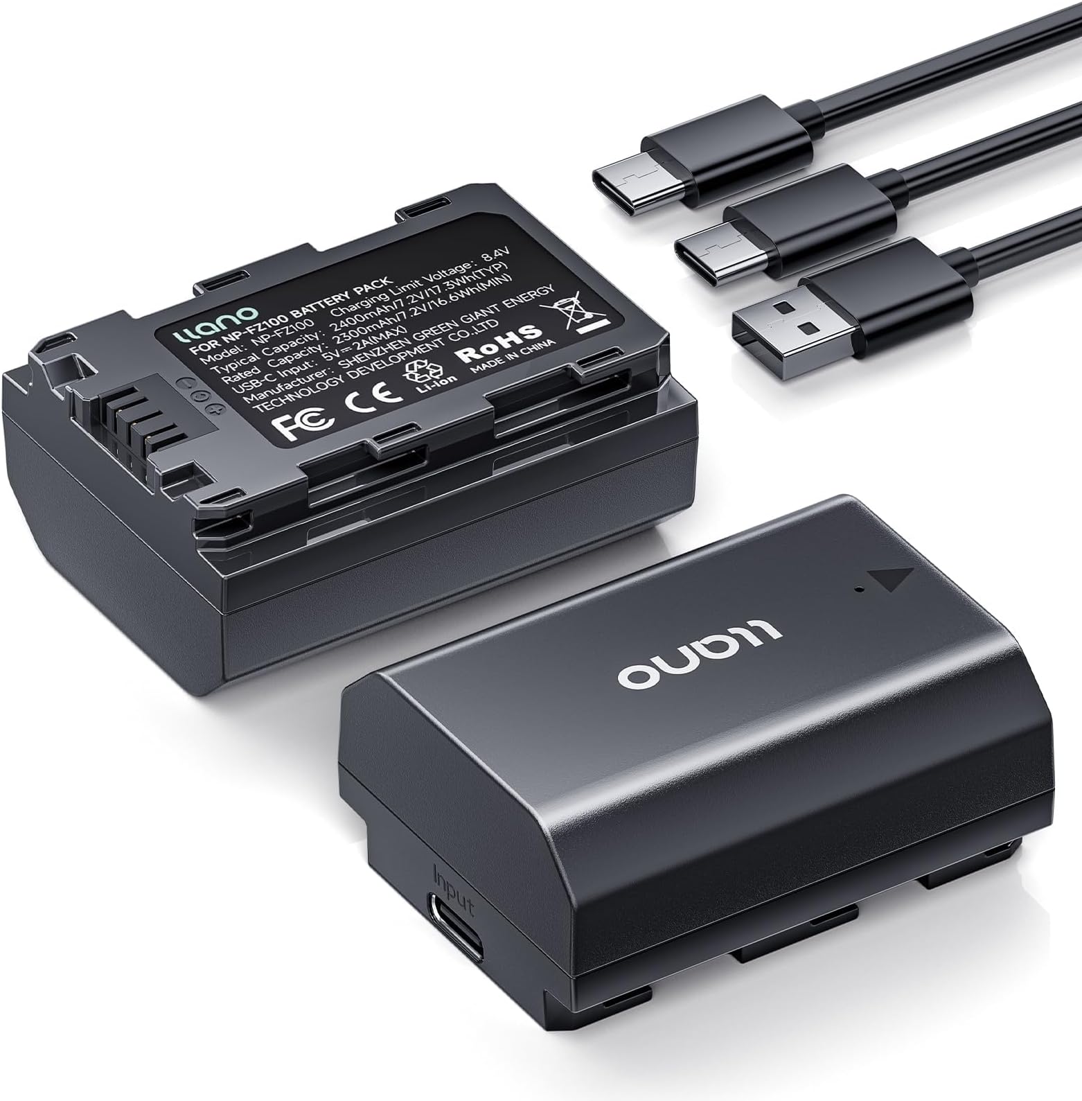 llano 2 Pack NP-FZ100 Z-Series Battery - Real 2400mAh, USB-C Fast Charging, Fully Decoded Rechargeable Batteries for Sony A7III, A7IV, A6700, FX3, FX30,A7C,A7CII,A7RV,A7RIII,ZV-E1,ZV-E10II,A9,FX2