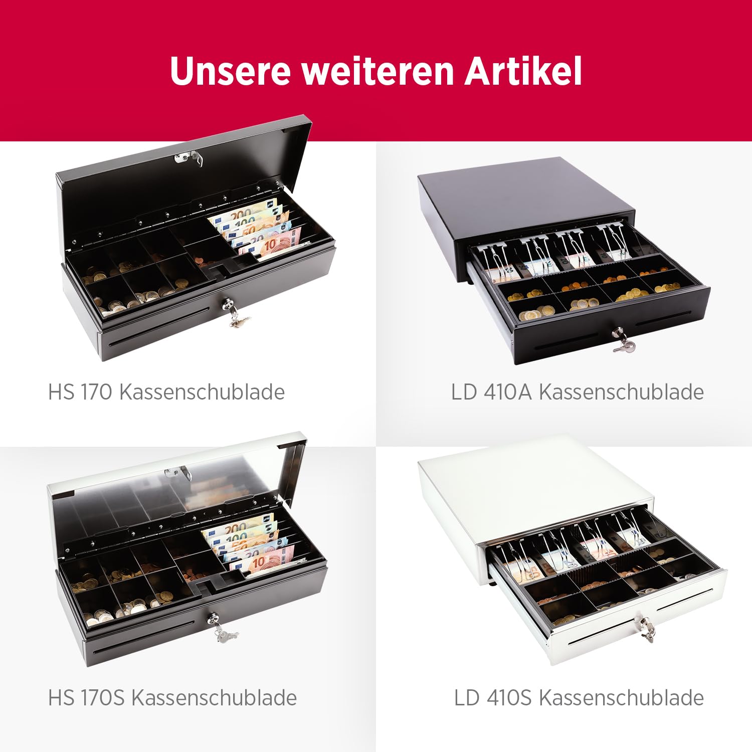 Olympia LD 410AT Kassenschublade | Geldkassette abschließbar mit Einwurfschlitz | RJ12-kompatibel | 8 Münz- & 4 Scheinfächer + Halteklammern | Metallgeldbox für Handel & Gastronomie | 41,5x41x10,4 cm