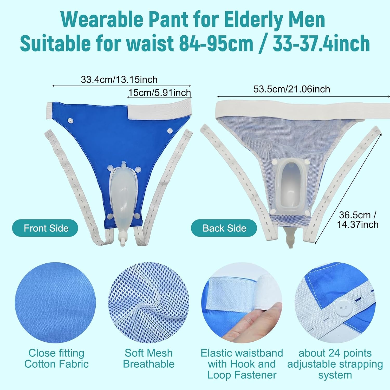 Reusable Wearable Urine Collector, Silicone, Blue, with 1000ml and 2000ml Drainage Bags, 1M Flexible Tube, for Elderly Men
