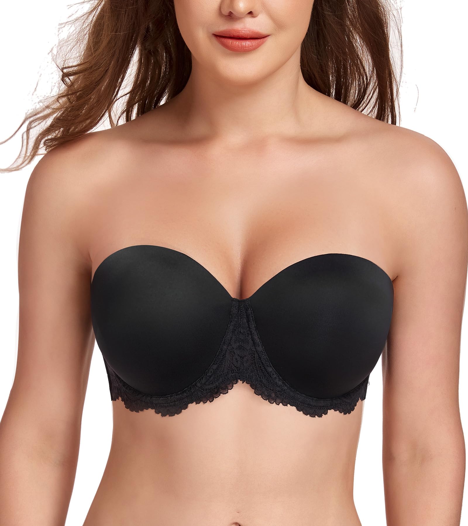 Lemorosy Damen Trägerloser BH mit Bügel Spitze Multiway Rutschfester Push Up Büstenhalter Ohne Bügel Große Größen Starker Halt Breite Rücken mit Anti-Rutsch Silikon(Spitze Schwarz,75D)