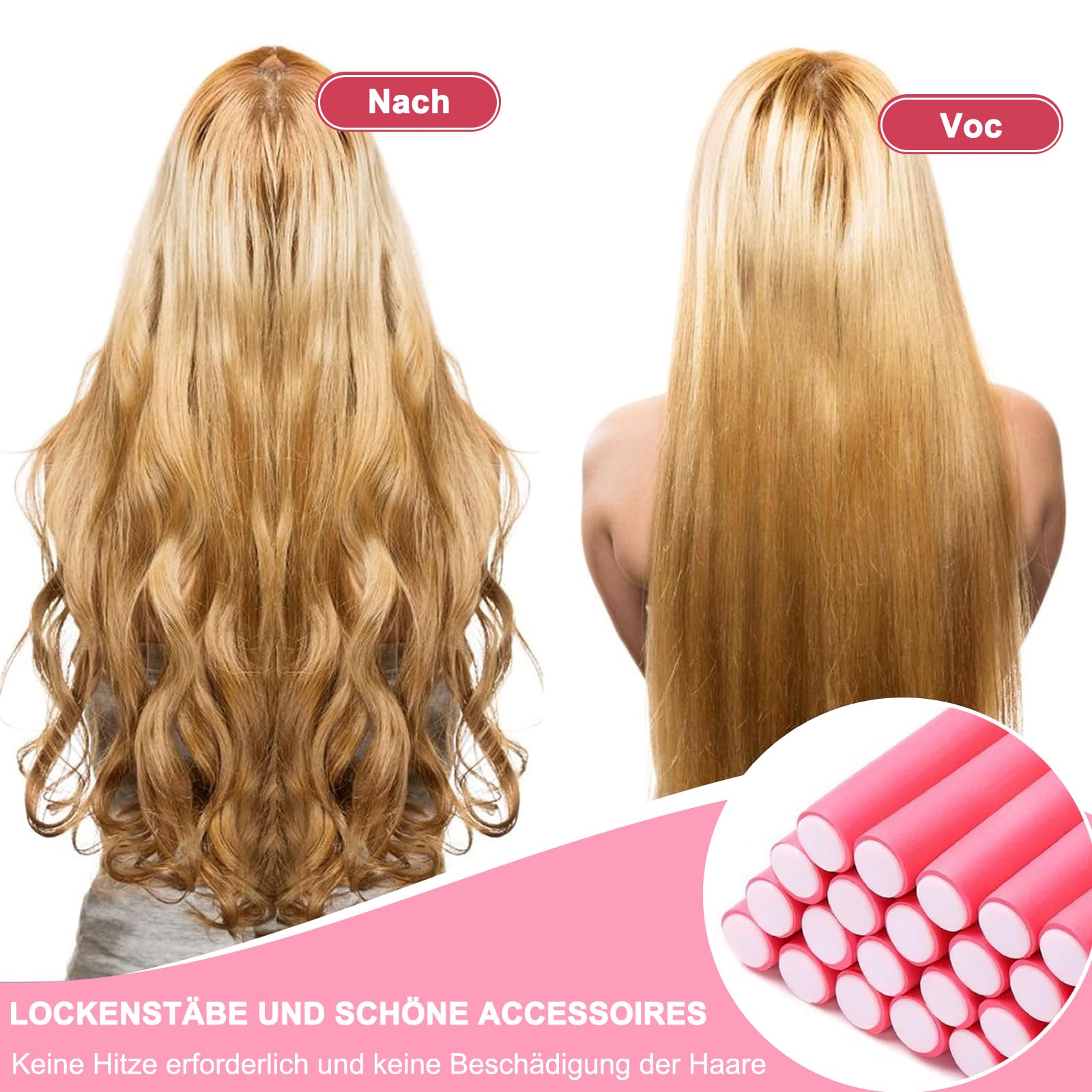 Locken bez ciepła Lunyloer, 30 sztuk elastyczne papiloty 240mm o średnicy ø14mm, skręcane papiloty z pianki, papiloty na noc dla długich włosów (różowe)