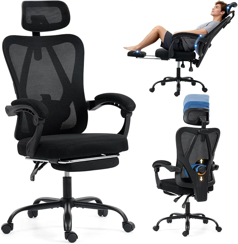 Cadeira de escritório com apoio para os pés, Corrimão interligado, Cadeira de escritorio ergonomica, cadeira giratória 360°, com encosto de cabeça e apoio lombar ajustáveis, Encosto ajustável a 135°