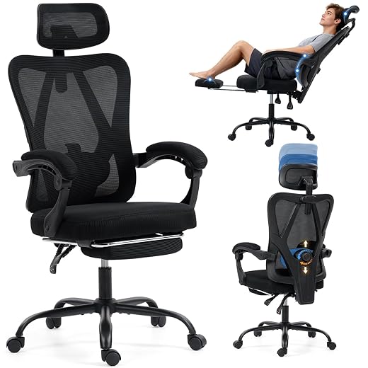 Cadeira de escritório com apoio para os pés, Cadeira de escritorio ergonomica, cadeira giratória 360°, com encosto de cabeça e apoio lombar ajustáveis, Encosto ajustável a 135°