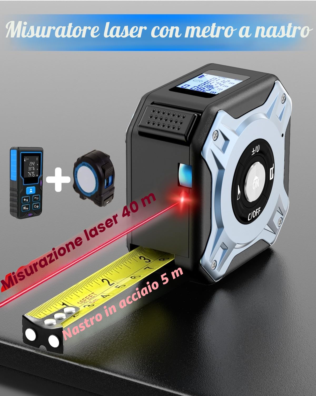 Metro a Nastro Laser 2-in-1, 40m Metro Laser e 5m Metro a Nastro, USB-C Fast Charging Misuratore Laser, Digitaledisplay HD per Pitagora/Misura Distanza/Area/Volume, M/In/Ft, per DIY e Home Deco, IP56
