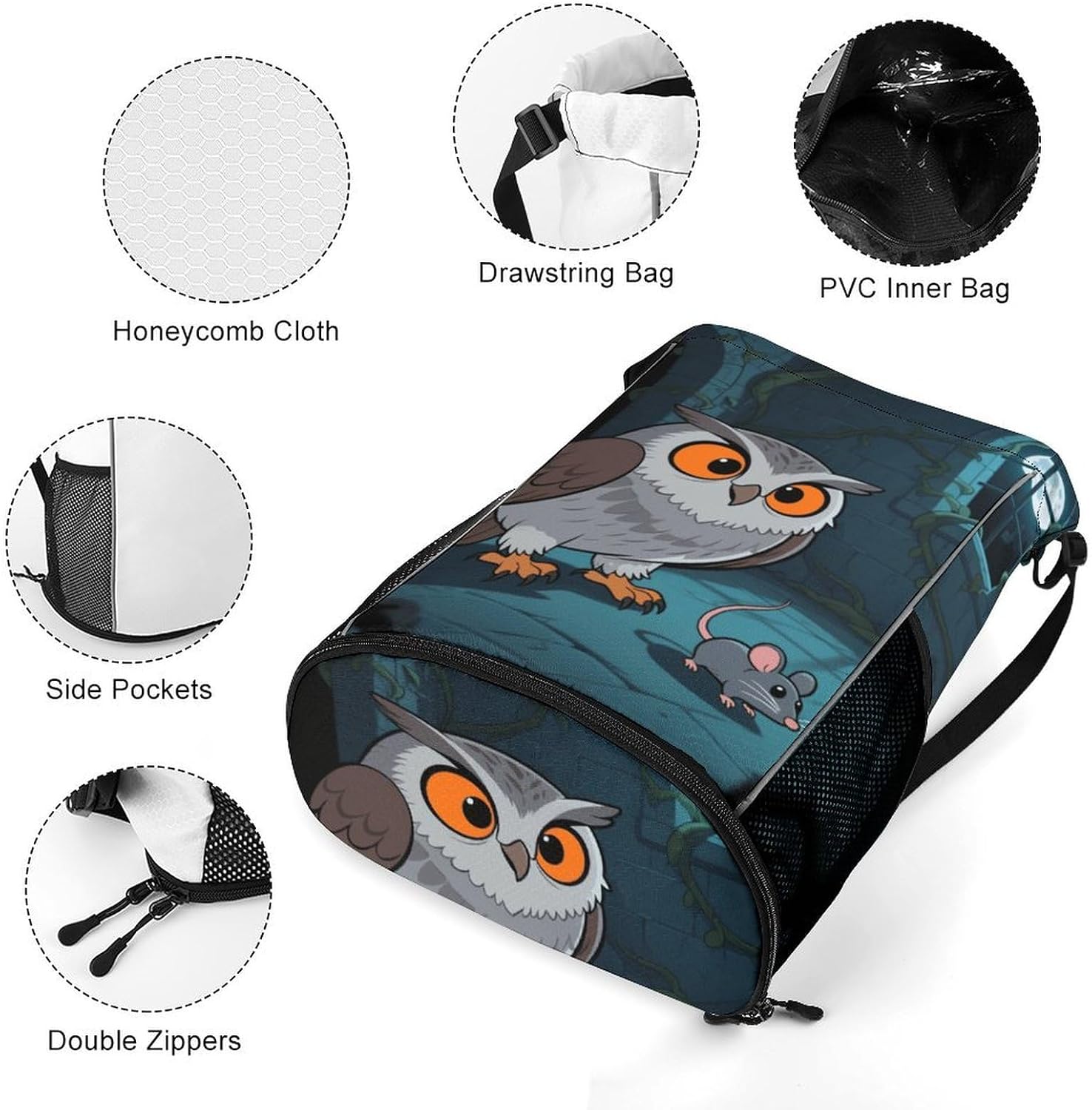 Small Gym Bag An Owl Catching Mice Printed Drawstring Gym Bag for Men Lightweight Waterproof Drawstring Backpack for Women with Shoe Compartment for Travel Tourism Work And Fitness