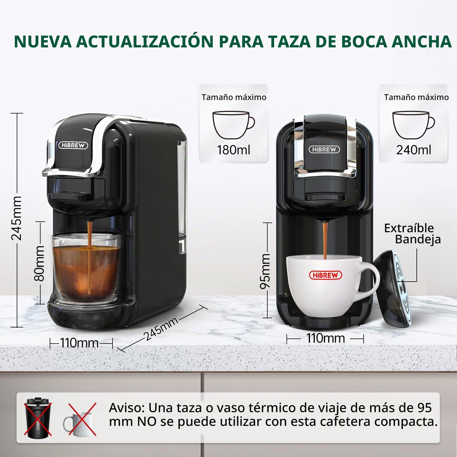 Cafetera de cápsulas HiBREW H2B, cafetera multicápsulas 5 en 1, compatible con cápsulas DG/Nes/K-cup/ESE/café molido, Parada automática, Espresso perfecto, Negro